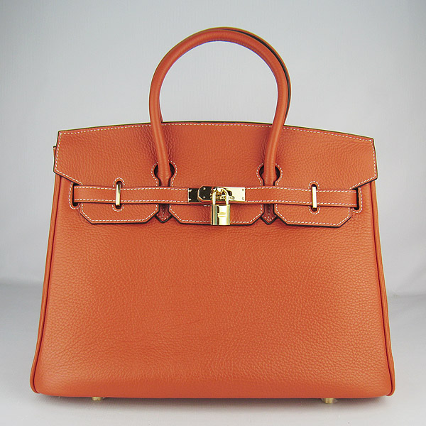 High Quality Fake Hermes 35CM Embossed Veins Leather Bag Orange 6089